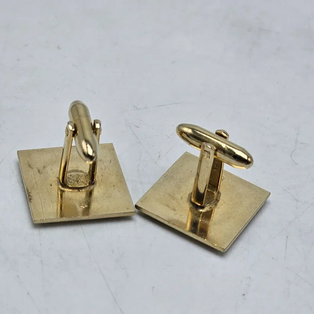 Vintage Gold Tone Orange Enamel Square Cufflinks with Bell Mark